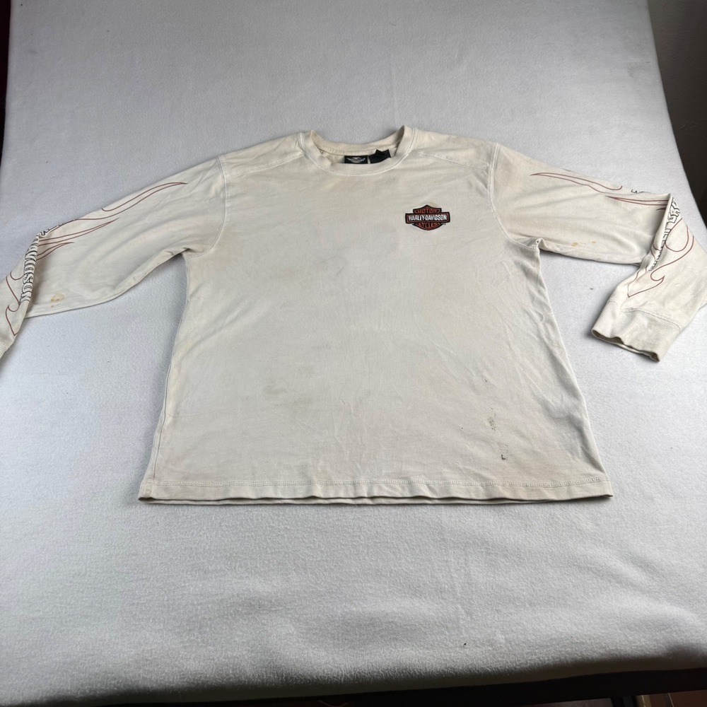 Harley Davidson Men's Cream Long Sleeve Flame Graphic Logo T-Shirt Size L